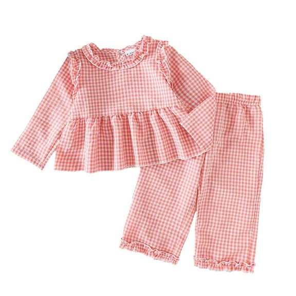 Tisuna Kids Fall Outfit Set For Girls Casual Long Sleeve Crew Neck Plaid Print Tops And Pants Outfits Children'S 2 Pieces Everyday Wear Clothing Set Size 6-12 Months