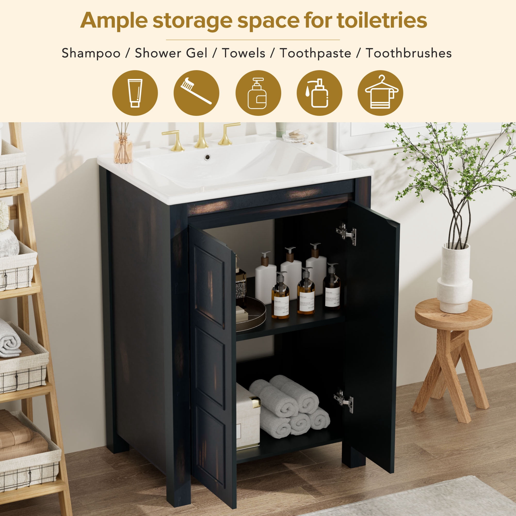 Euroco 48" Vintage Style Bathroom Vanity Combo with Double Vanities (separate), Double Ceramic Sinks, storage Shelf and Soft Close Doors