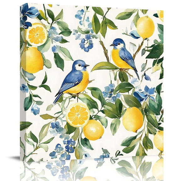 Pastoral Vintage Lemon Blue Bird Canvas Artwork Painting Art, Retro Yellow Fruit Flowers Square Framed Wall Decorations Prints Picture for Bedroom Kitchen Living Room, 12x12 in