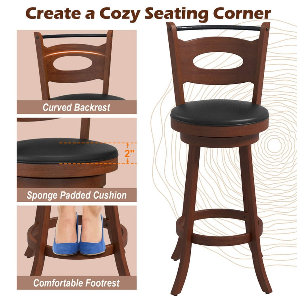 Demi Bonn 29" 2 Pieces Swivel Bar Stools with Curved Backrest and Seat Cushions, Modern Dining Chair, Brown