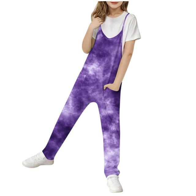 Odeerbi 5-14 Años Niñas Traje de Verano Tie-Dye Camisola Romper Primavera Casual Respirable Comfortable Overalls Correa Bib Pantalones En General Traje de Juego