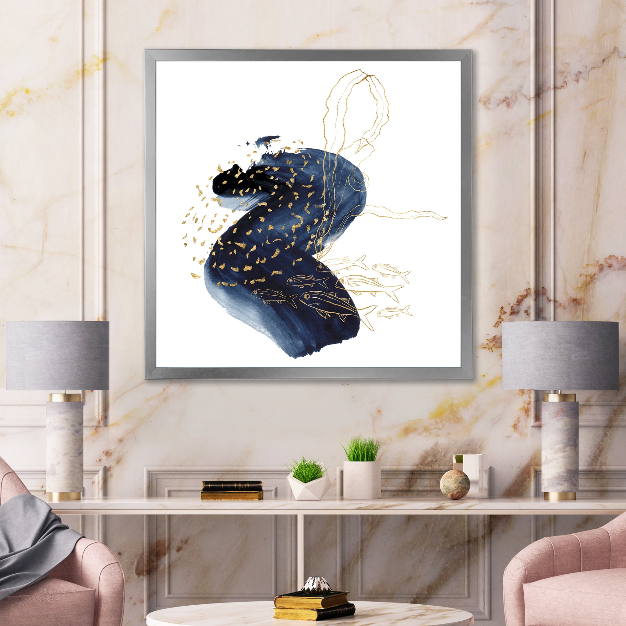 Designart 'Underwater Marine Life Classic Blue Square ' Farmhouse Framed Art Print