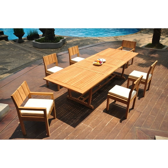 Grade-A Teak Dining Set: 6 Seater 7 Pc: 118" Double Extension Mas Rectangle Trestle Leg Table And 6 Veranda Chairs (2 Arm & 4 Armless Chairs) WholesaleTeak #WMVR91
