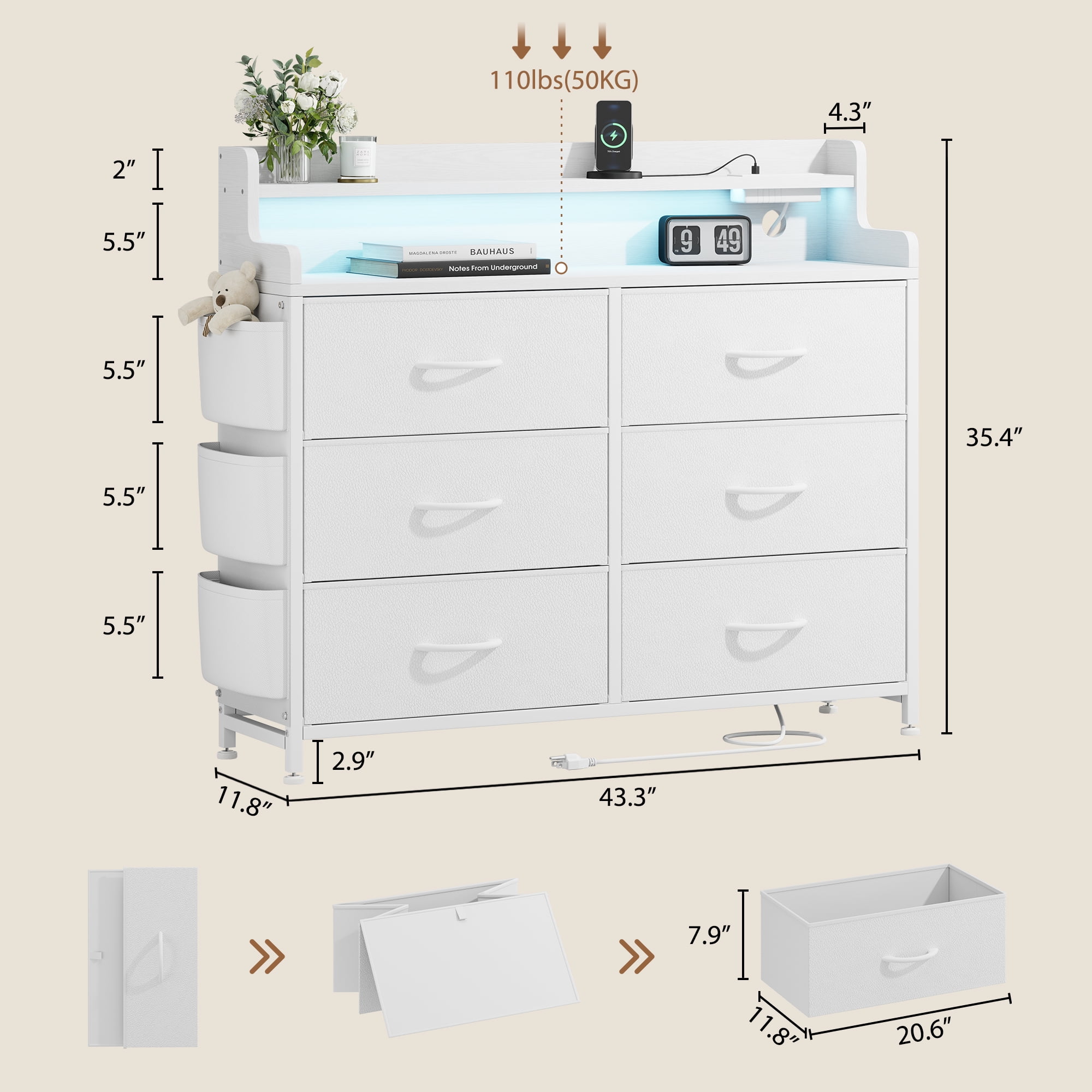 GIKPAL White Dresser for Bedroom 6 Drawers - Fabric Dressers for Bedroom with LED Light & Charging Station - Chest of Drawers for Living Room Hallway Closet,White