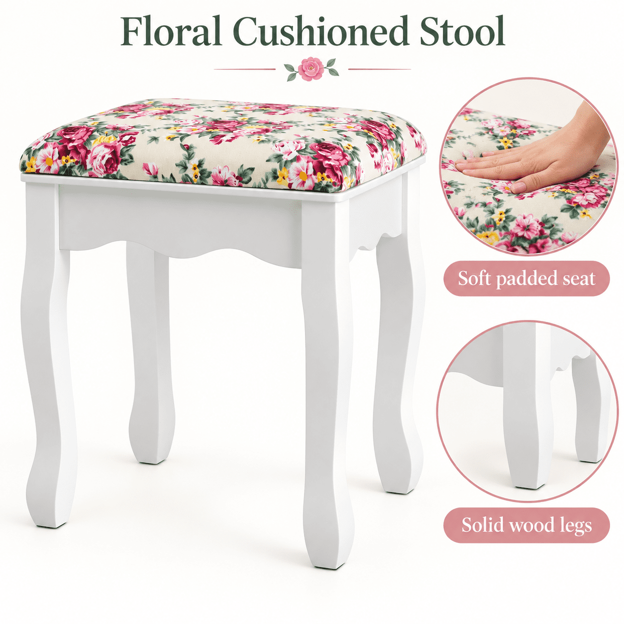 Furnibear Makeup Vanity Table Set Girls Dressing Table with 360-Degree Round Mirror 4 Drawers Cushioned Stool, White