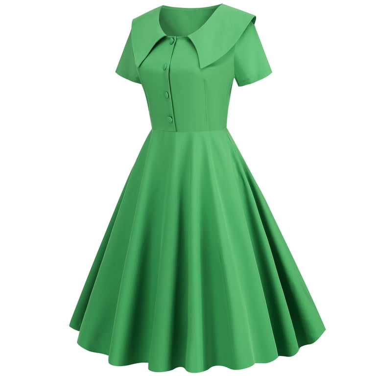 XFLWAM Women's 1950s Retro Dress Vintage Short Sleeve Button Down A-Line  Swing Midi Dresses Crew Neck Solid Color Evening Prom Gown Green XL -  Walmart.com