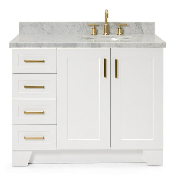 Ariel Taylor 43 In. Right Offset Oval Sink Vanity With Carrara White Marble Countertop In White
