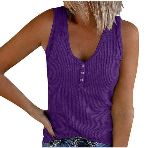 Womens Summer Tank Tops Buttons Sleeveless V-Neck Casual Solid Color Fashion Blouse