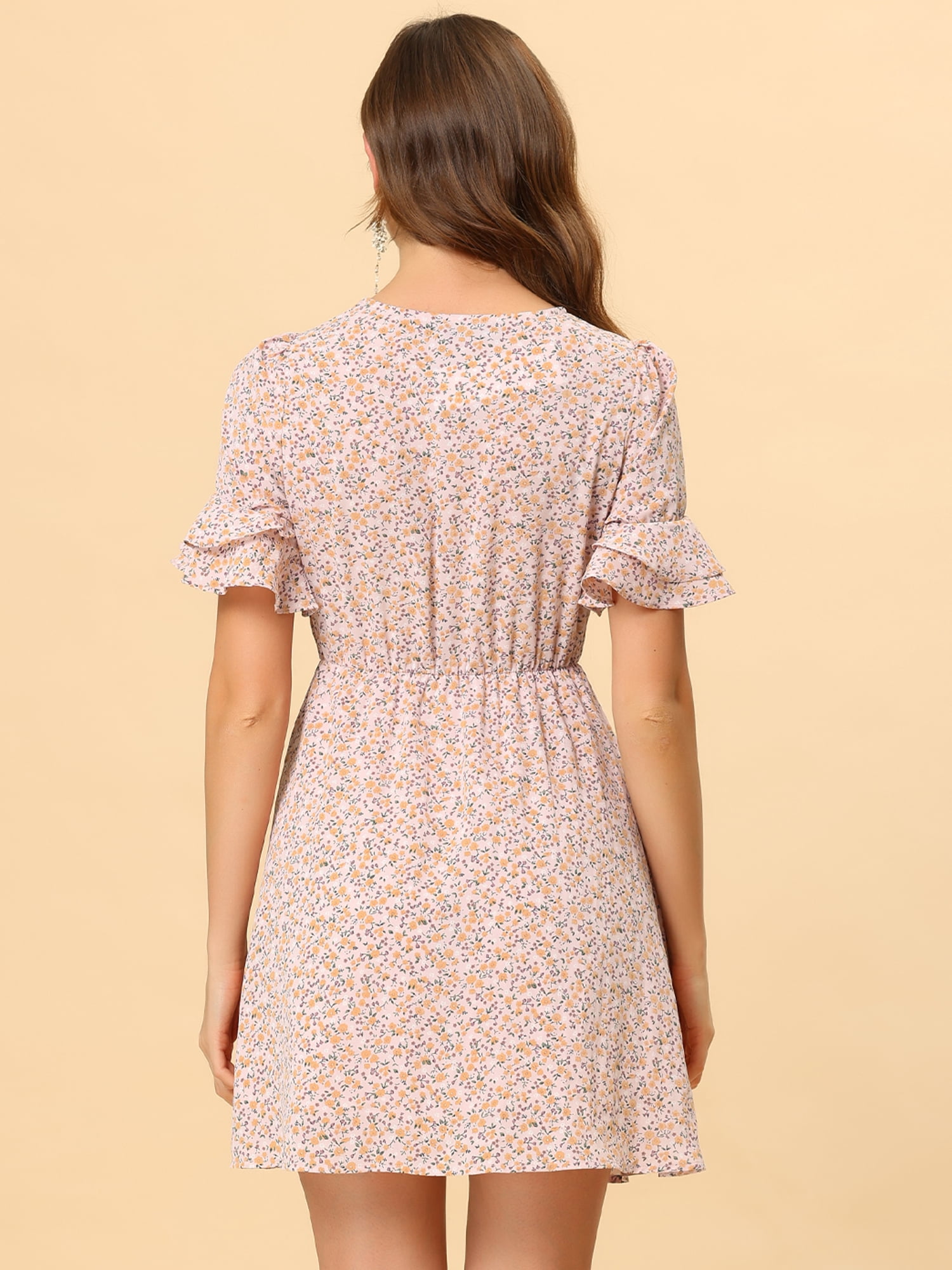 DARING DIVA Women's Bell Sleeve High Waist A-Line Ditsy Floral Dress M Pink