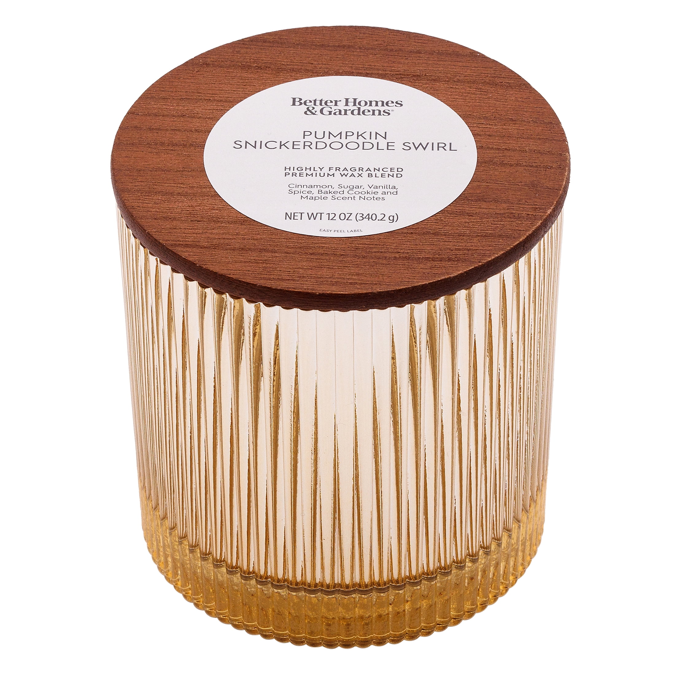 Better Homes & Gardens Pumpkin Snickerdoodle Swirl Scented Cotton 2-Wicks Ribbed Mecury Glass Jar Candle with Wooden Lid 12oz