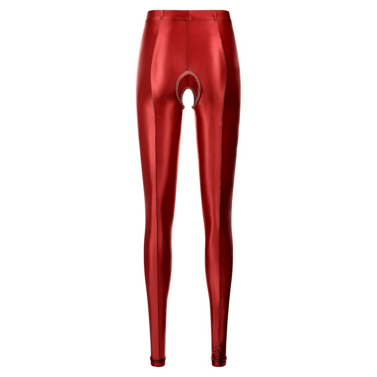 YEAHDOR Womens Glossy Crotchless Leggings Shiny Open Crotch Tights for  Valentine's Day 