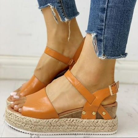 

PEASKJP Wedges Sandals for Women 2023 Summer Ladies Solid Open Toe Wedges Anti-Slip Casual Beach Sandals Flatform Wedge Casual Sandal Yellow 8