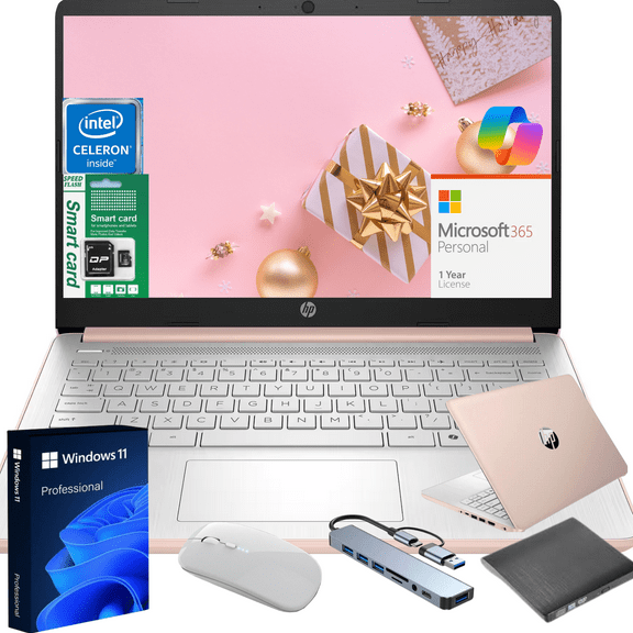 HP 14" HD Student & Business Laptop, Intel N4500, 8GB RAM, 128GB(64GB eMMC 64GB Micro SD) Storage, Windows 11 Pro with Copilot, 1-Year Microsoft 365, Rose Gold, Gift Set