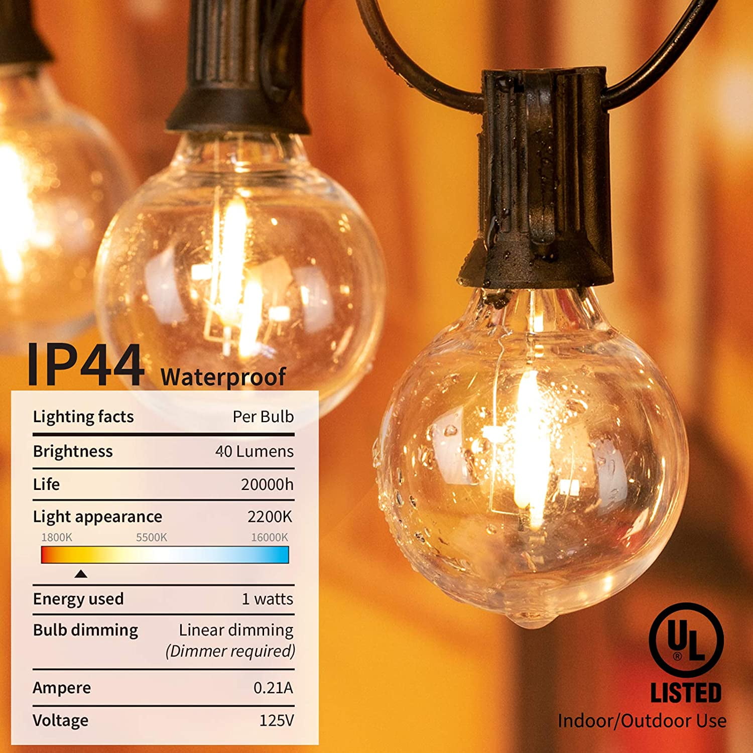 Globe Outdoor String Lights 2 Pack, 25 FT Patio Lights with 27 G40 Shatterproof LED Bulbs (2 Spare), Waterproof Hanging Lights String for Outside Backyard, Porch, Deck, Party