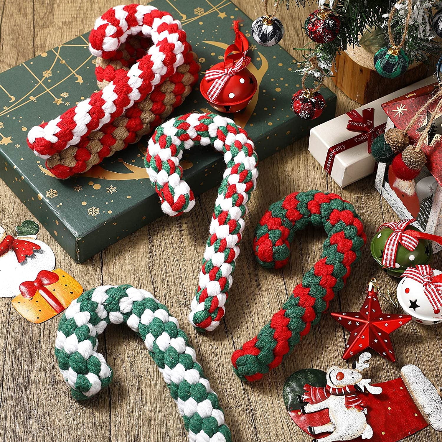 4 Pieces Christmas Dog Rope Toys, Classic Candy Cane Dog Bone Chew Toys, Christmas Pet Chew Rope Toy for Puppy Small Medium Dogs
