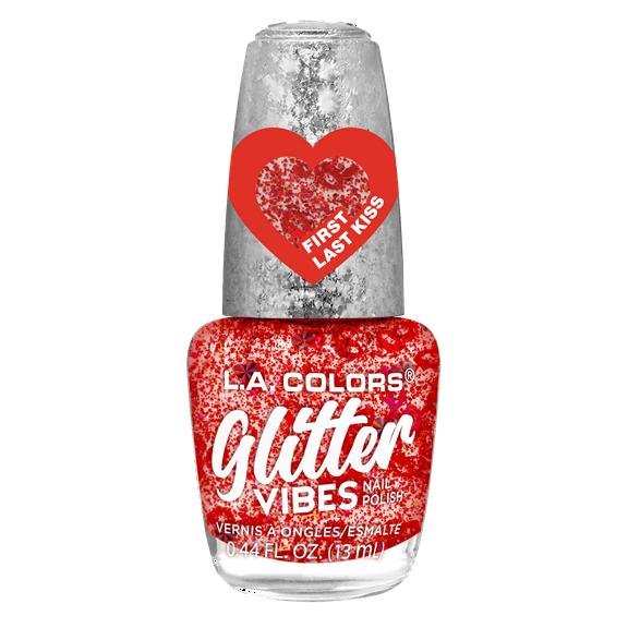 L.A. COLORS Glitter Vibes Nail Polish, First Last Kiss, Red Glitter, 0.44 fl oz