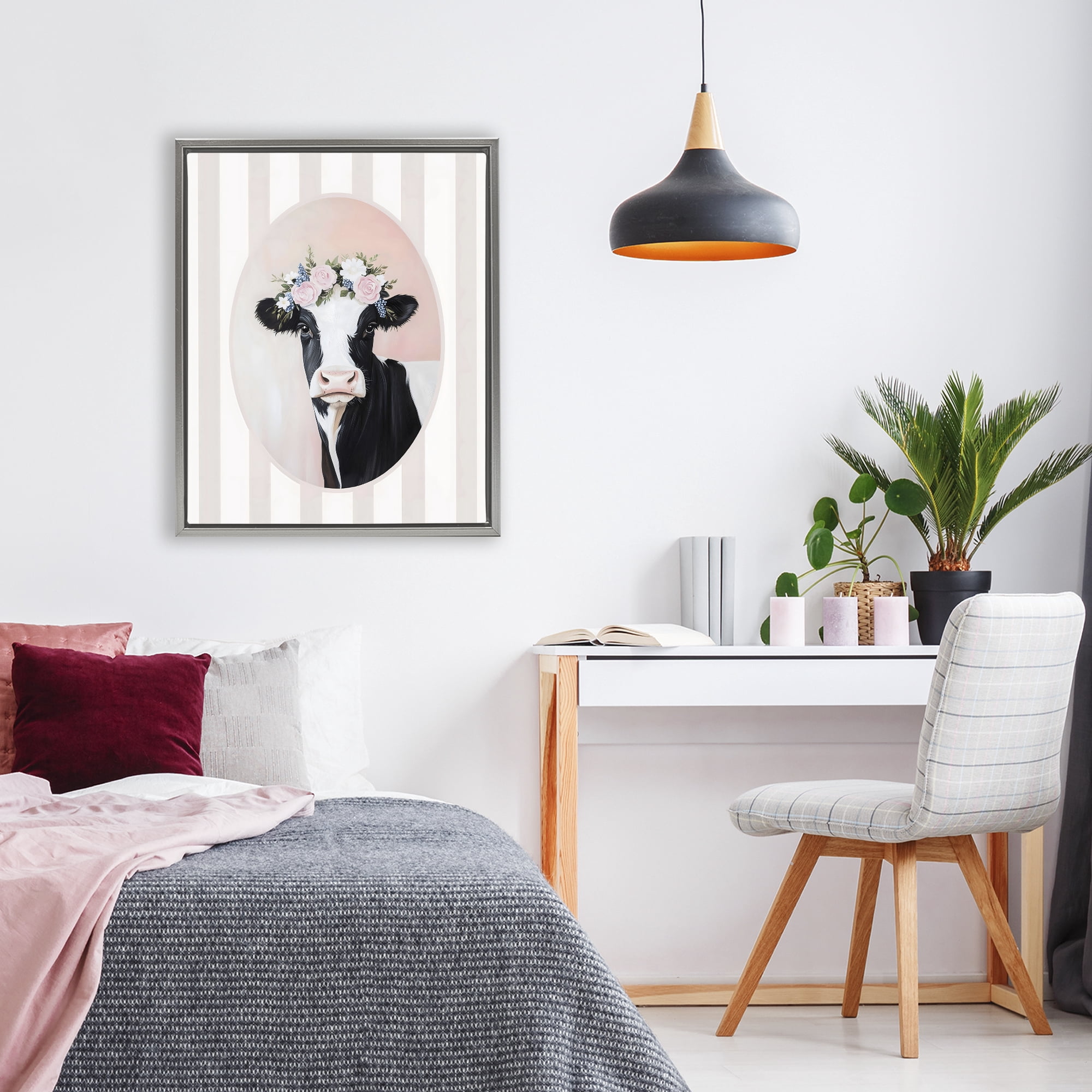 Stupell Industries Soft Cow with Floral Crown Gray Framed Floater Canvas Wall Art, design by Arlington Prints