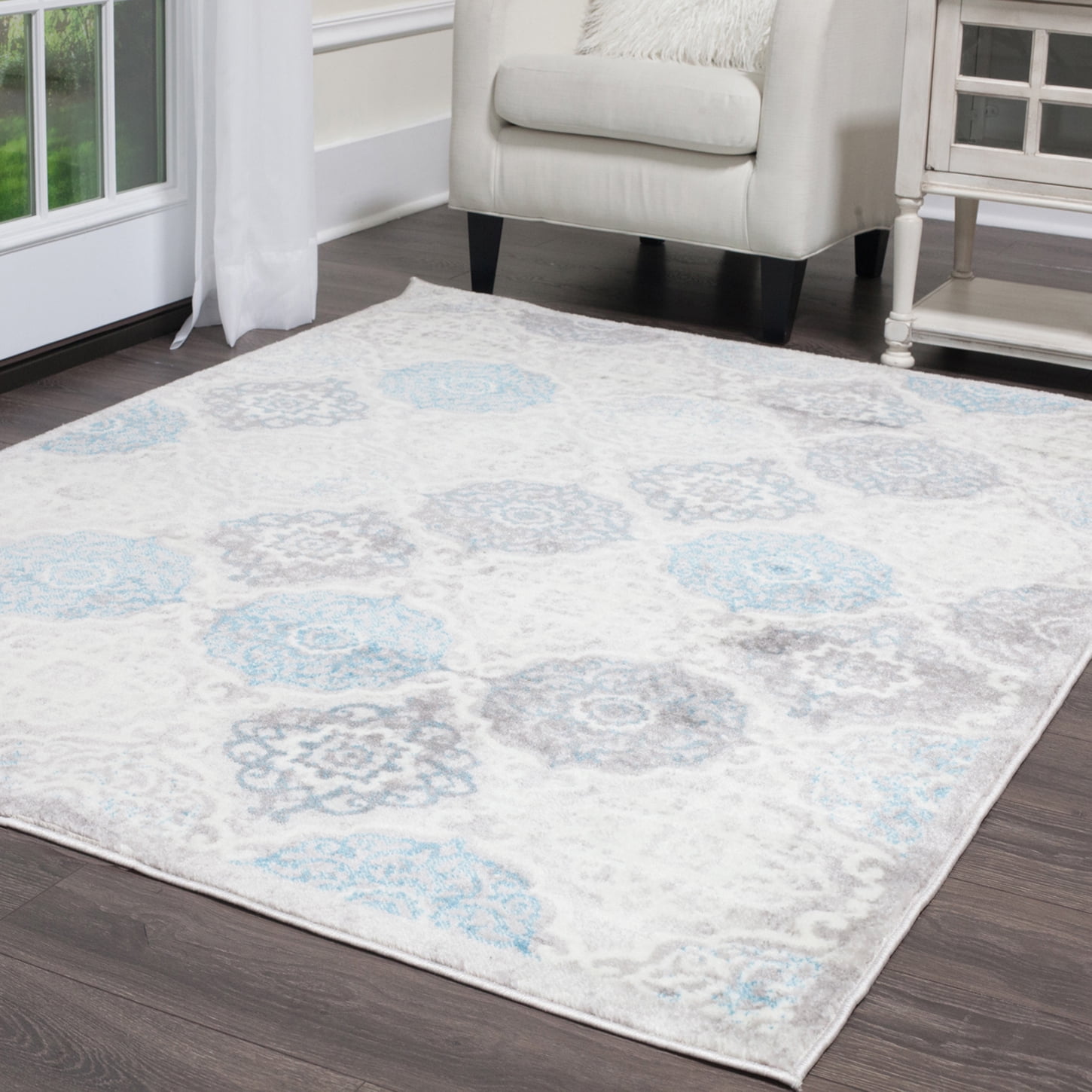 Designer Home Area Rug Gray Blue Green Contemporary Modern Petals Rug