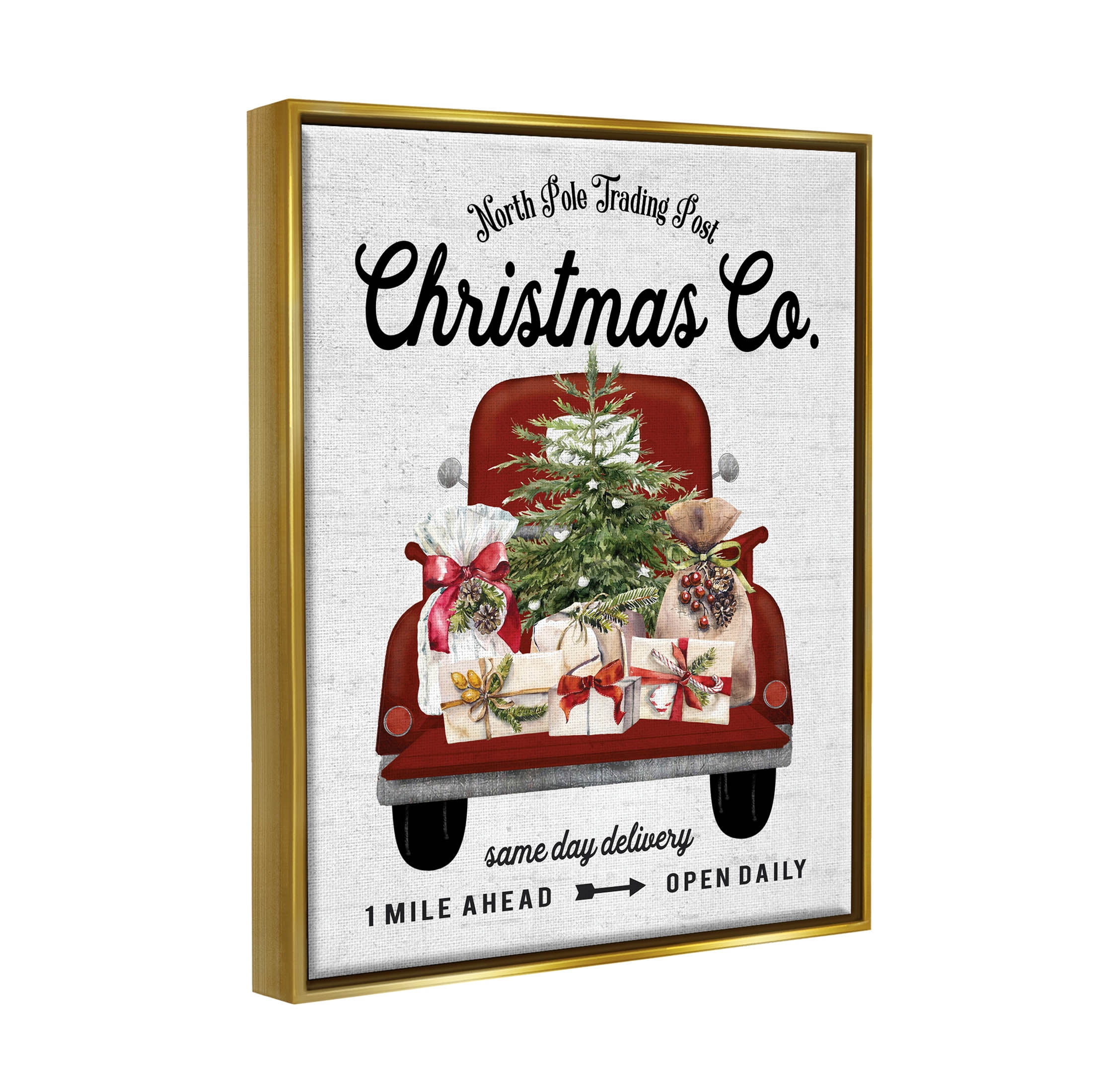 Stupell Industries North Pole Christmas Co. Sign Graphic Art Metallic Gold Floating Framed Canvas Print Wall Art, Design by Lettered and Lined