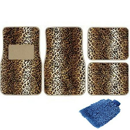 Set of 4 Universal Fit Animal Print Carpet Floor Mats for Cars Truck - Leopard & Bonus Detailing Wash Dust Mitt