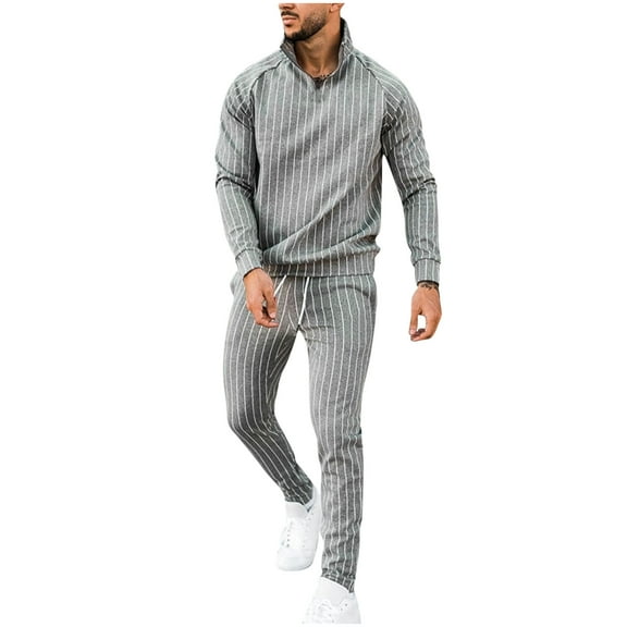 Axiiglly Sweatsuits for Men Striped Pullover Zipper Sweatshirt Tracksuit Elastic Waist Jogging Sweatpant with Pockets Casual Hiking Running Sport Suits Set M-3XL
