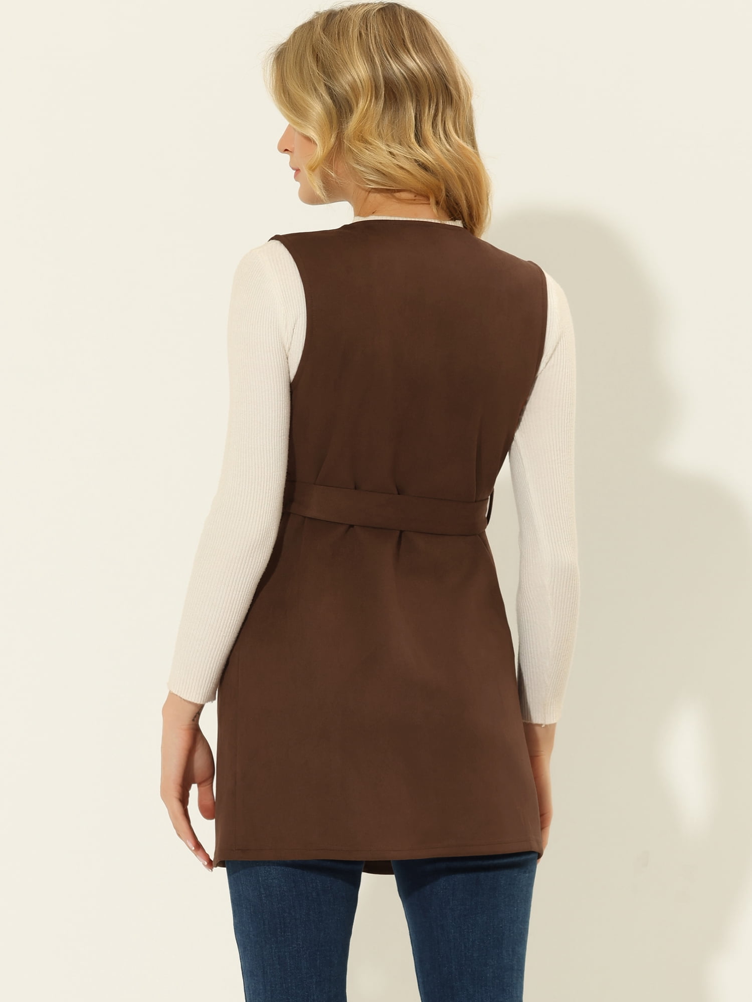 DARING DIVA Women's Suede Lapel Collar Tie Waist Blazer Jackets XS Brown