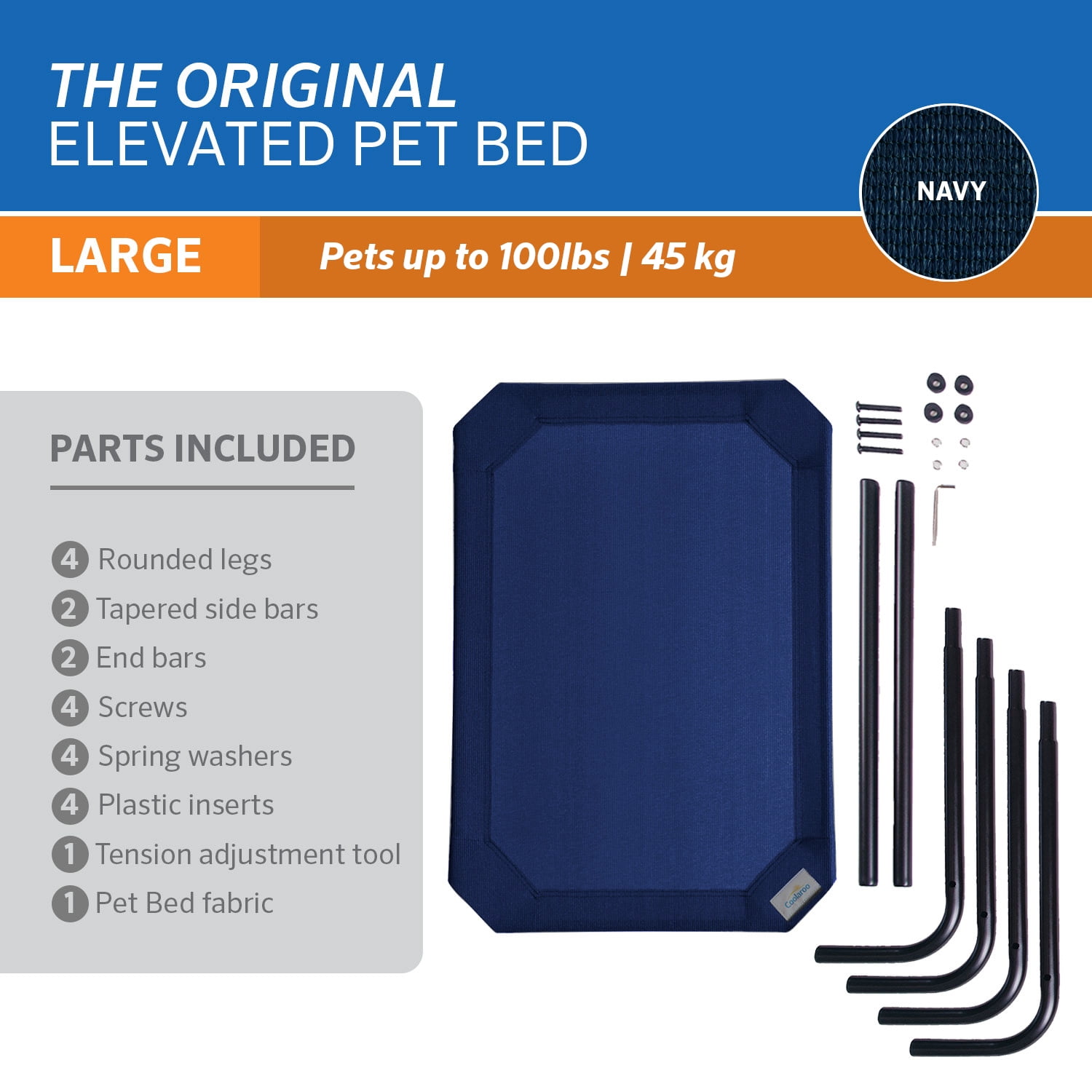 The Original Coolaroo Elevated Pet Dog Bed, Indoor & Outdoor Use, Durable, Cooling, Navy Blue, Large, 51" L x 31.50" W x 8" H