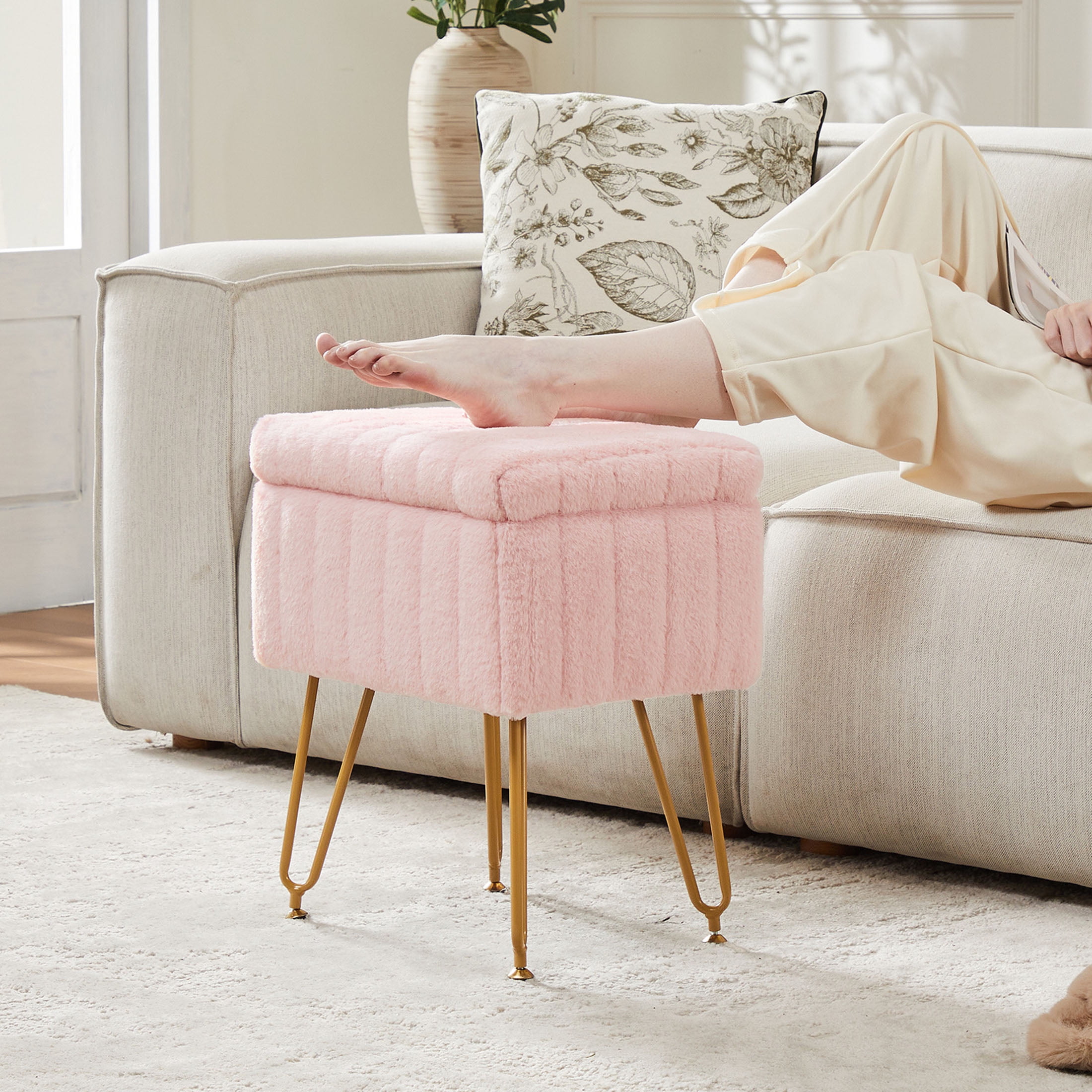 CONCETTA Footstools Ottoman Storage Bench, Vanity Faux Fur Padded Chair with Storage and Adjustable Feet for Makeup Bedroom Entryway, Pink