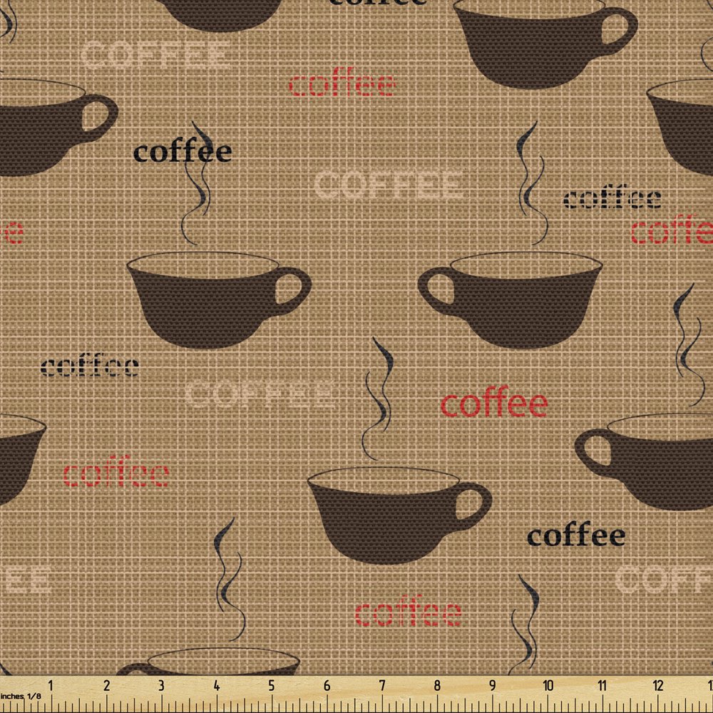 Coffee Fabric by the Yard, Coffee Cups in Earthen Tones Fresh Espresso Latte Drink Caffeine