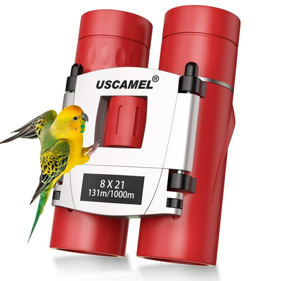 USCAMEL 8x21 Binoculars for Kids Adults, Foldable Compact Binoculars for Pocket, BAK4 Adults Binoculars for Outdoor Camping Bird Watching with Neck Strap Carry Bag, Red