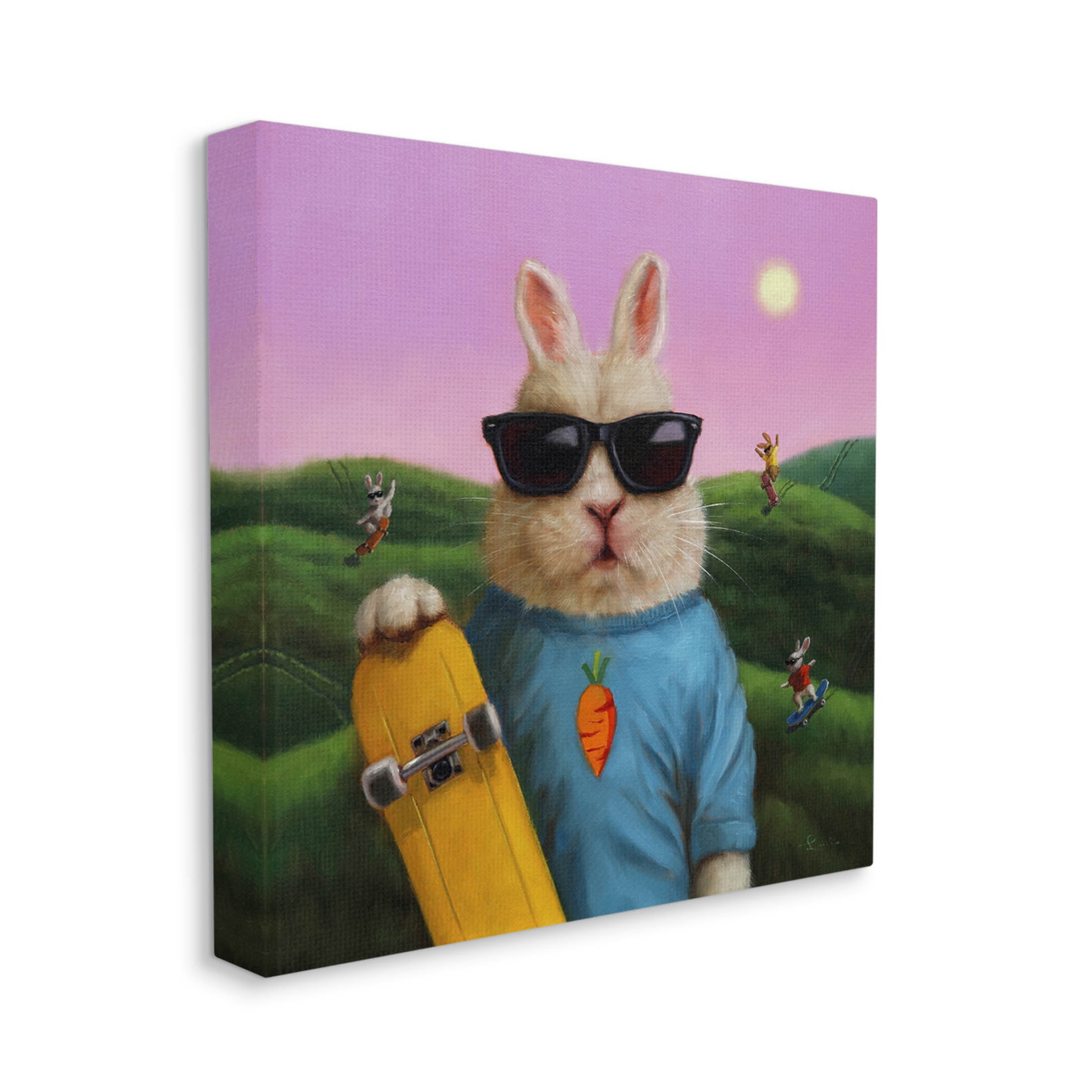 Funny Rabbit Skateboarding Park Animals & Insects Painting Gallery Wrapped Canvas Print Wall Art