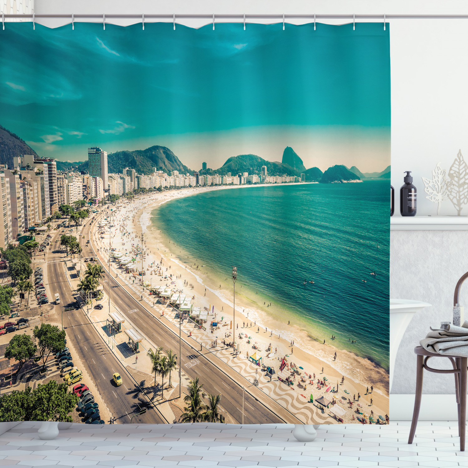 Vintage Beach Shower Curtain, Copacabana Beach Ipanema Sugar Loaf