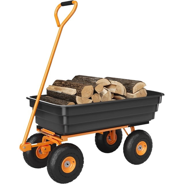 Bingirl 4 - Wheel 600Lbs Garden Dump Wagon with 10 - Inch Wheels and Quick - Release Tipping Function
