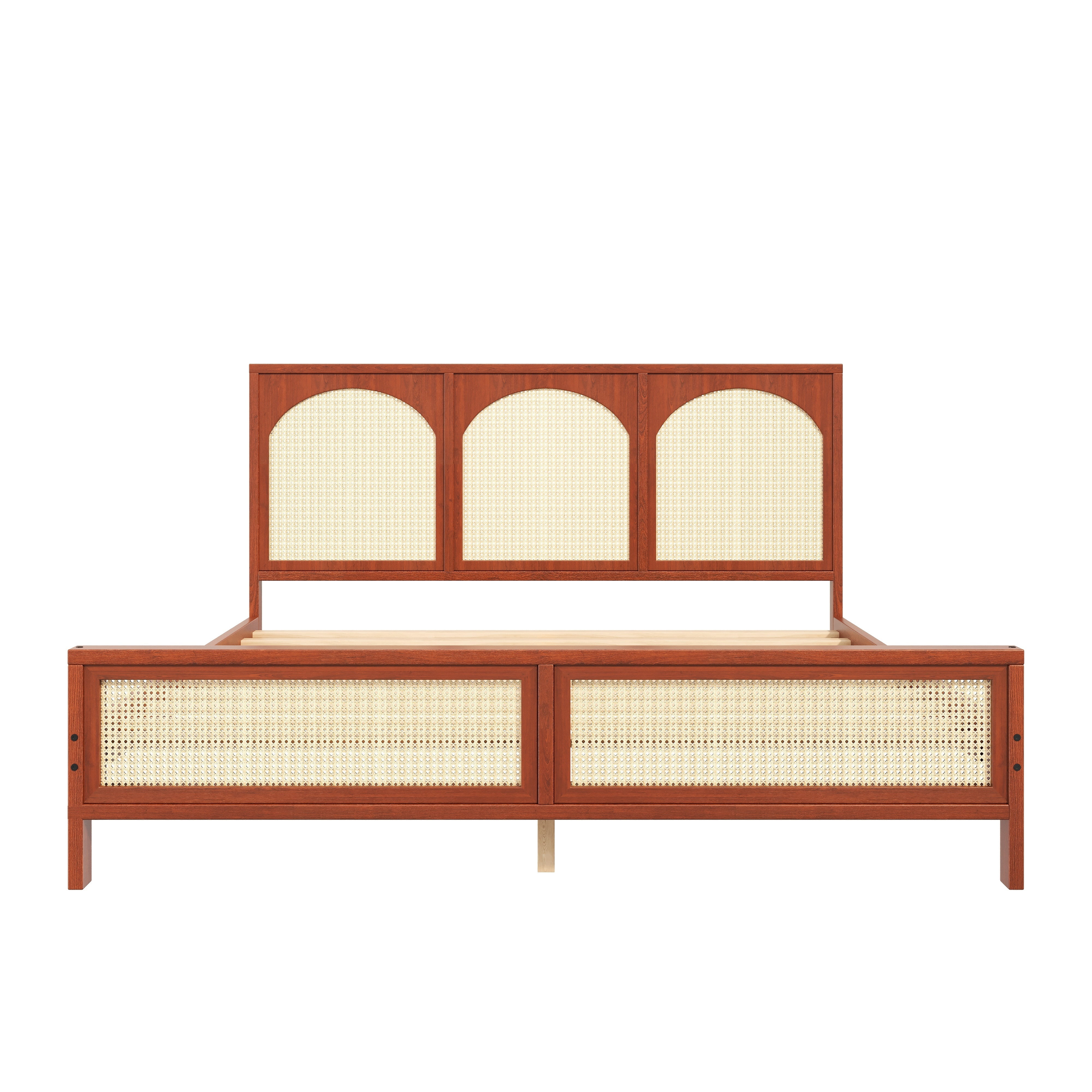 Euroco Queen Size Platform Bed with Rattan Headboard, Walnut