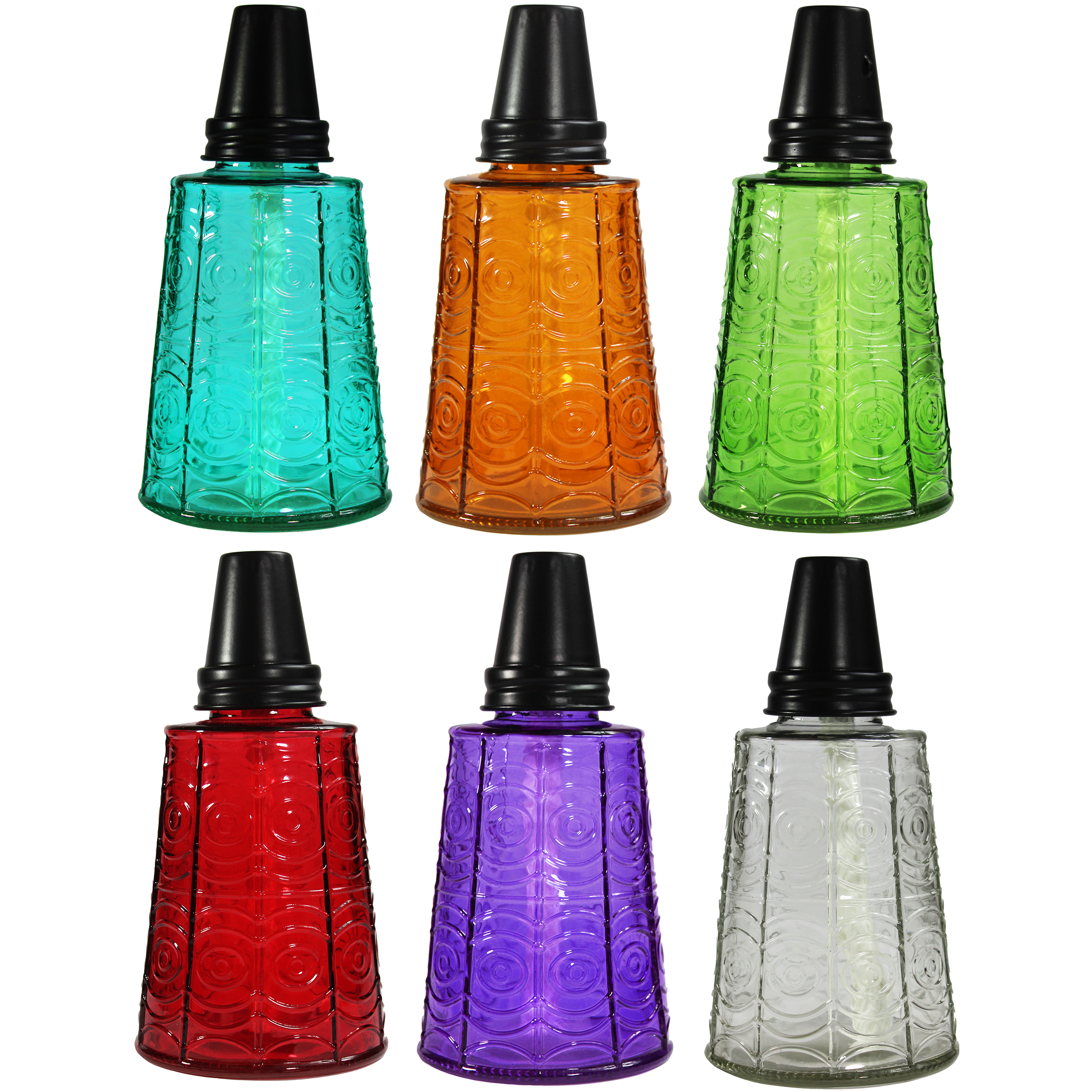 Seraphic Table Top Citronella Torches for Outdoor Patio, 16oz Decorative Glass Torch Citronella Oil Candles for Outside Deck, Garden, Parties, Set of 6, Assorted Colors