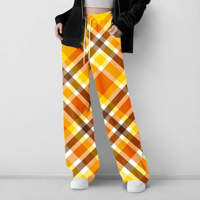 Cowsor Girls Casual Pants Plaid Stretch Comfy Lounge Pants Drawstring Waist with Pockets