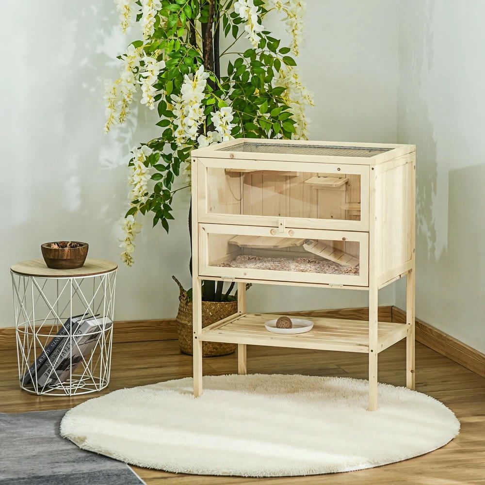 Resenkos Pet Mouse Cage, Hedgehog Cage,3-Tier Wooden Hamster Cage Mice and Rat Cage with Openable Top, Front Door, Shelf, Natural