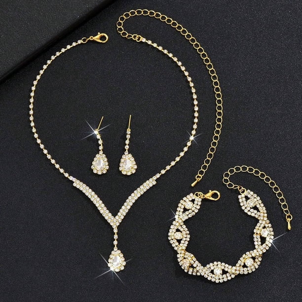Nvzi Conjunto de joyería nupcial, collar de cristal, pulsera, pendientes, conjunto para novia, dama de honor, fiesta de graduación, conjunto de joyería, accesorios, B15