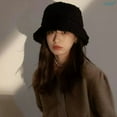 thumbnail image 4 of SikaFu 7colors Winter Lamb Wool Fisherman Hat Women Fashion Bucket Hat Wide Brim Flat Top Cold-proof Windproof Cap Solid Color, 4 of 6