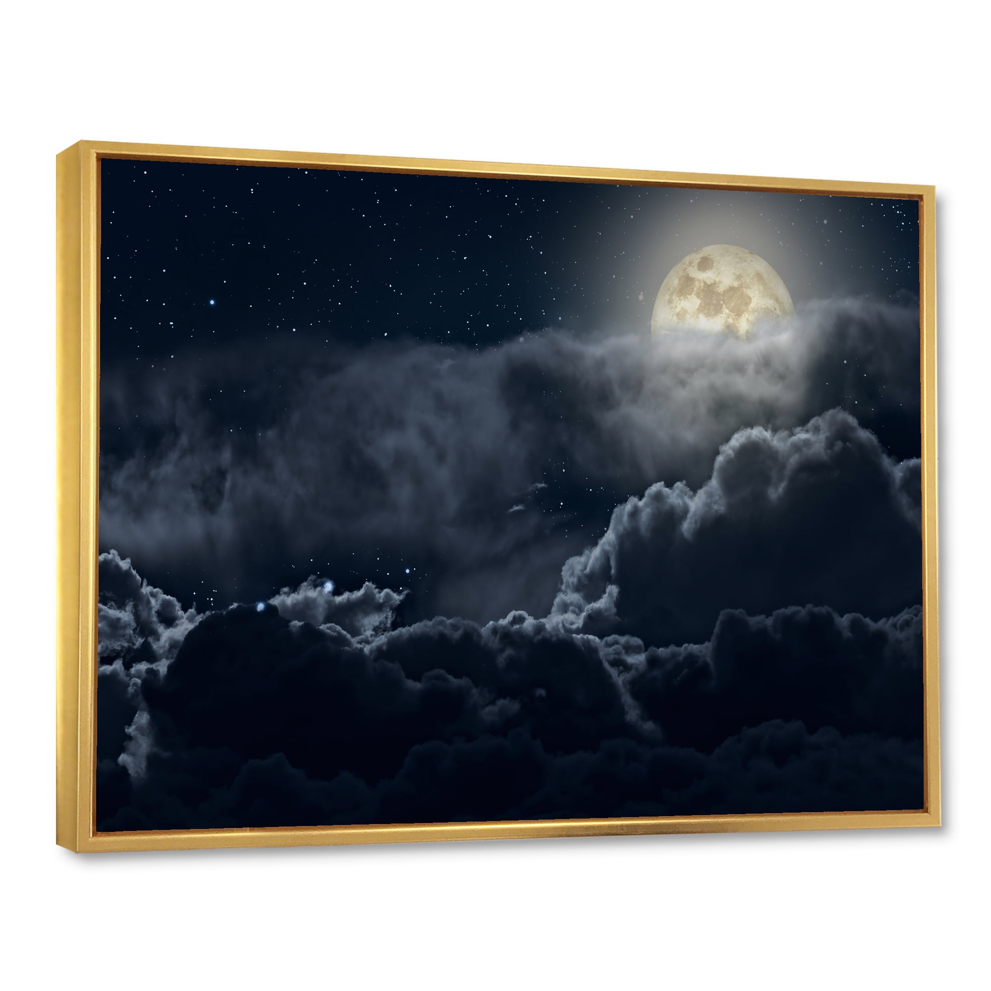Designart 'Cloudy Full Moon Night With Stars' Nautical & Coastal Framed Canvas Wall Art Print