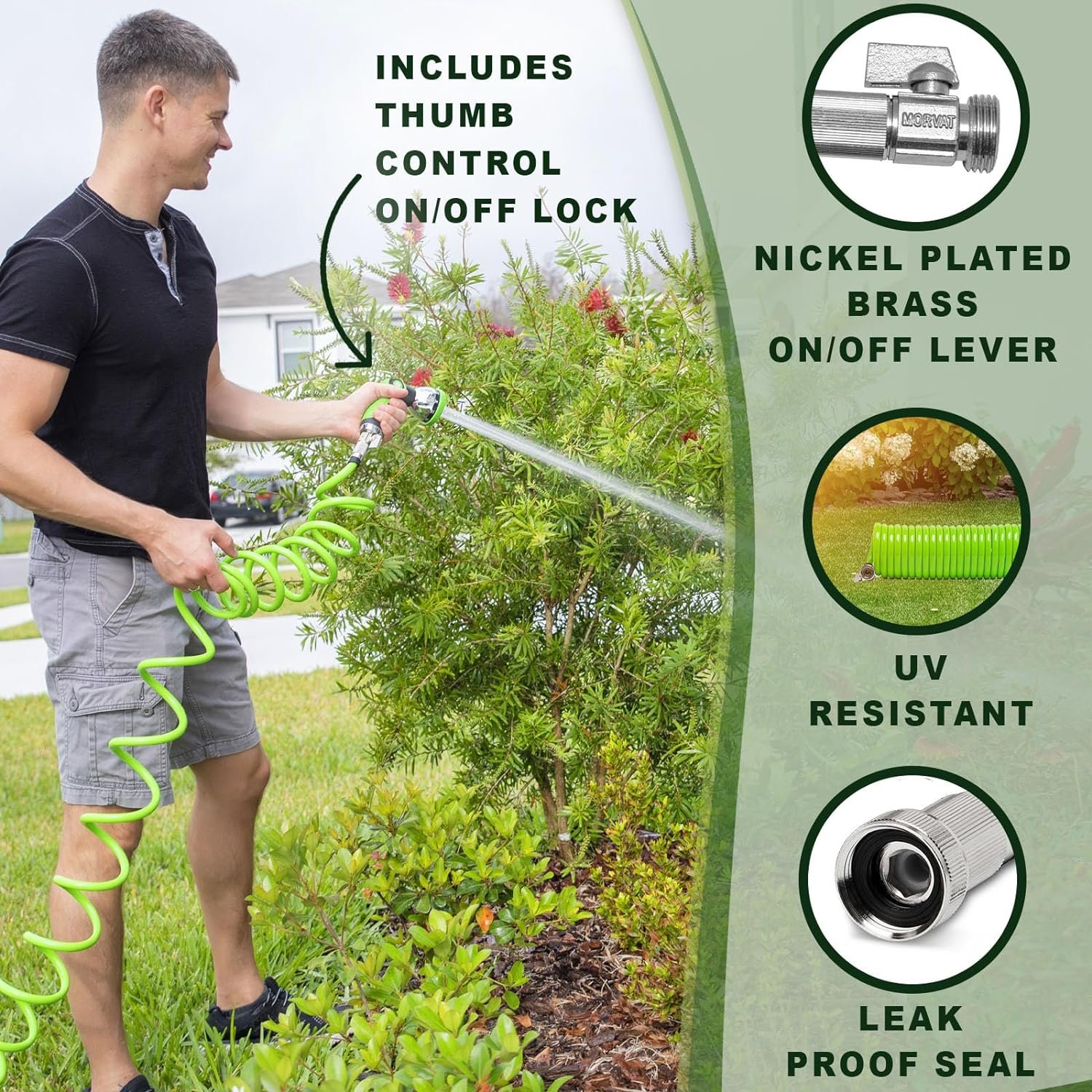 Morvat 50FT Green PU Recoil Garden Hose with on/off Valve & 10-Way Spray Nozzle