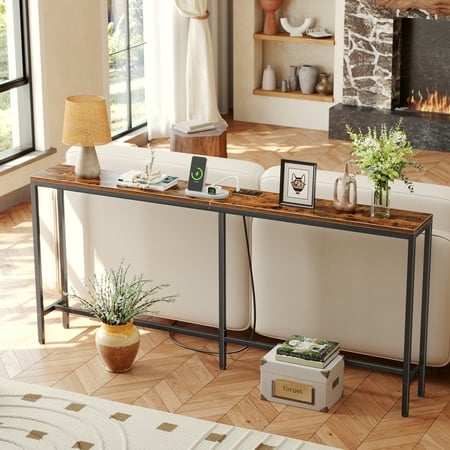 70" Console Table Sofa Table with Charging Station, Narrow Entryway Table, Wood Hallway Table, Behind Couch Table, Metal Frame, Retro Brown
