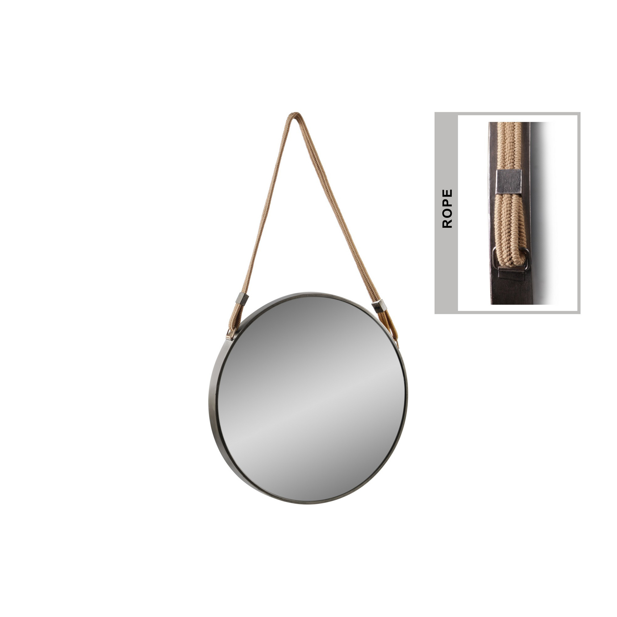 Round Metal Encased Wall Mirror with Rope Hanger, Black and Silver