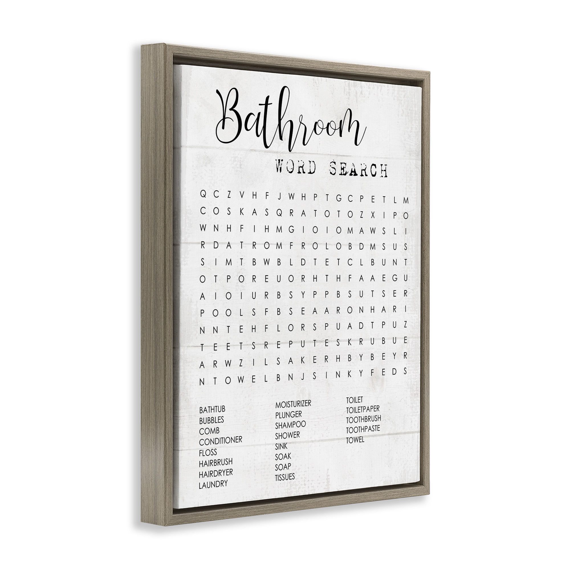Stupell Industries Bathroom Word Search Family Fun Abstract Painting Brown Floater Framed Canvas Art Print Wall Art, 17 x 21