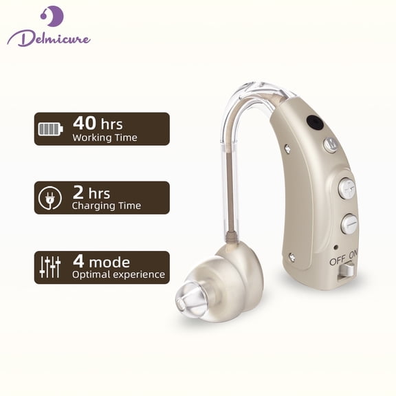 Delmicure Hearing Aids for Seniors with 4-Mode & 8-Level Volume Control, Rechargeable 16-Channel Sound Device, VHP-1710 Gold - Single