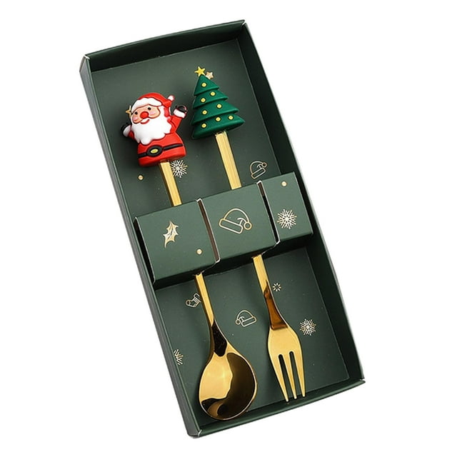 Juego de tenedor y cuchara navideña, cucharas de postre, decoración navideña creativa, cubiertos, vajilla navideña, cubiertos para batidos , Santa y redondo Santa y árbol redondo Sunnimix Postre Tenedor Cuchara