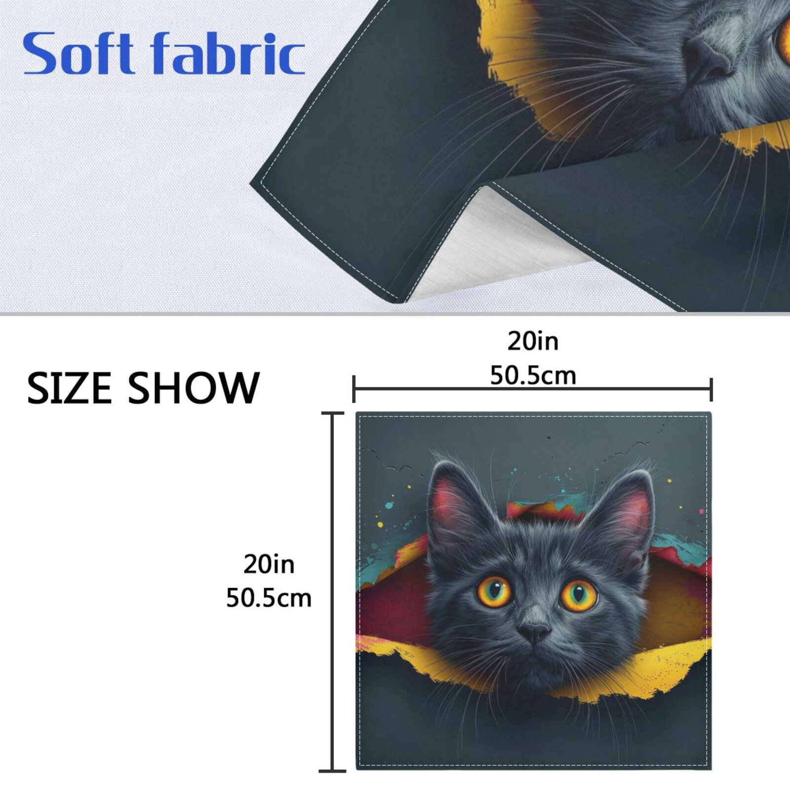 JSTEL 3d Black Cat Cloth Napkins Set of 6, 20x20 Inch Washable and Reusable Napkin for Decoupage Dinner Party Everyday Use