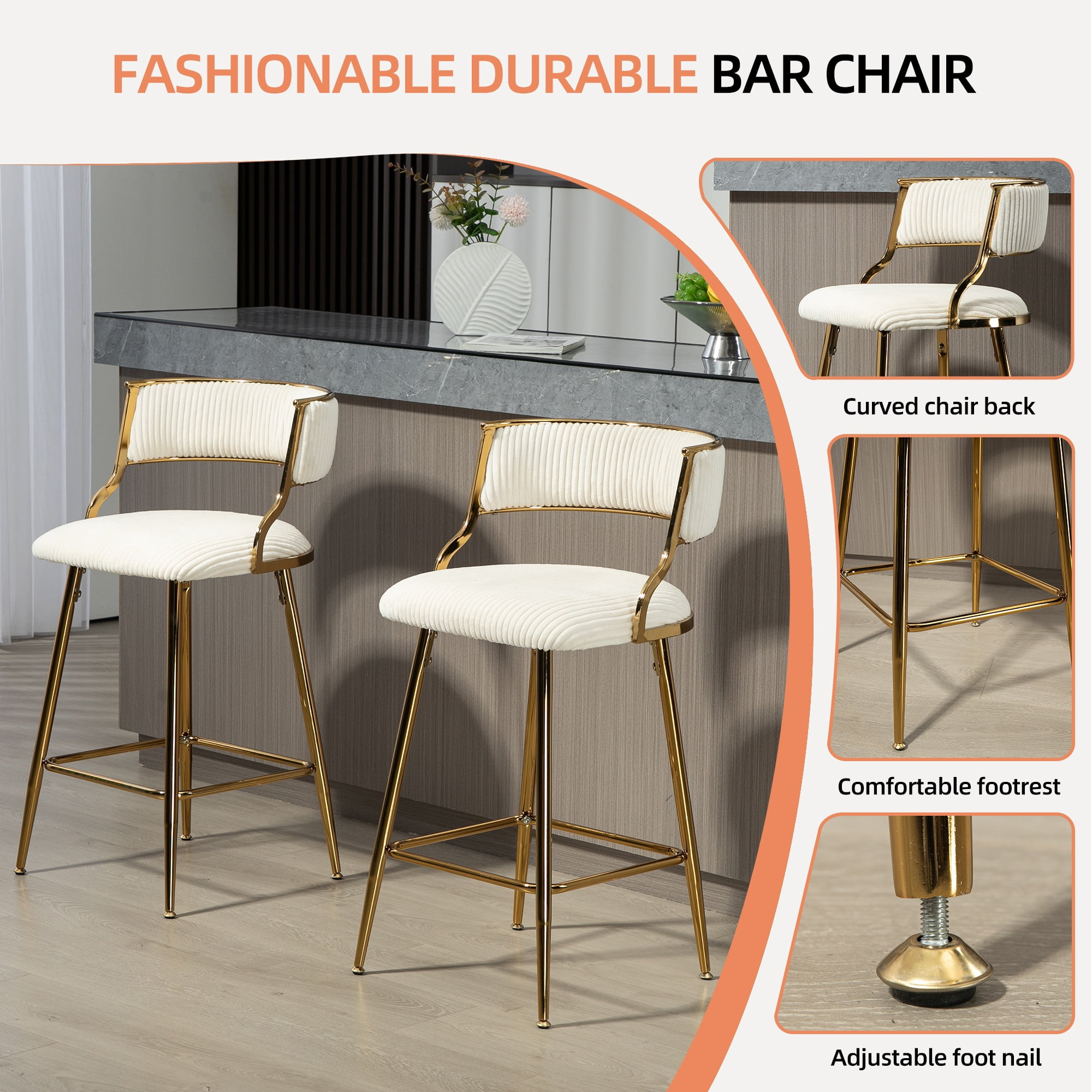 Peispie 25" Counter Height Bar Stools Set of 2, Modern Corduroy Barstools with Low Back and Gold Metal Legs, Padded Kitchen Island Chairs with Footrest for Home Bar, Beige