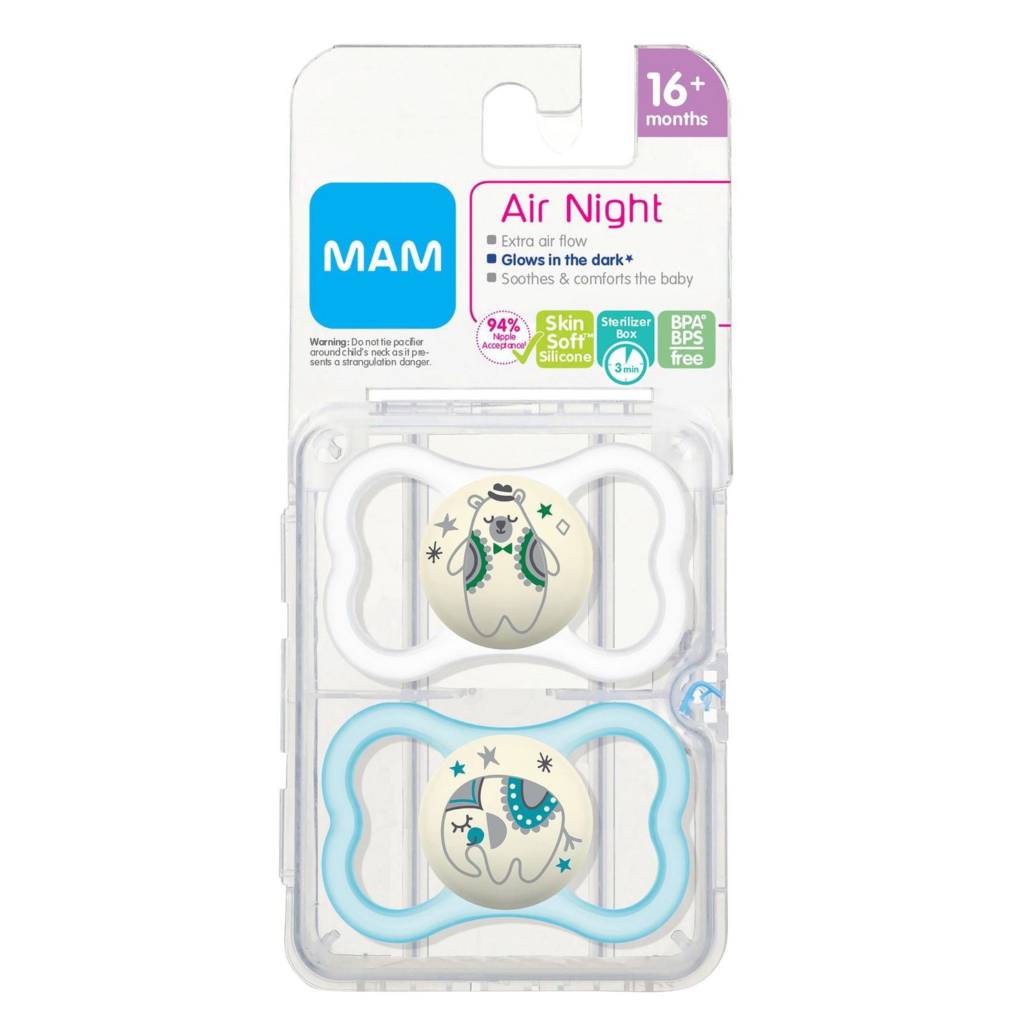 Suces MAM Air Night (emballage de deux), suce MAM pour peau sensible 16 mois et plus, suce qui brille dans le noir, meilleure suce pour les bébés allaités, suces assorted pour bébé MAM Air Night 16 mois et plus,