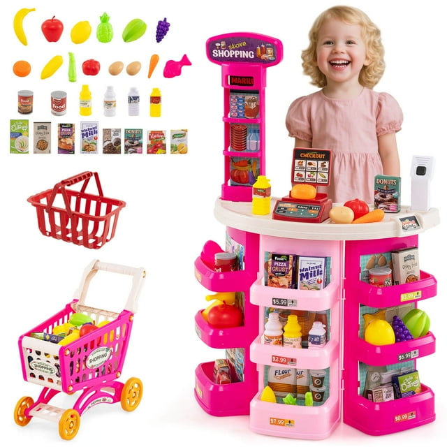 Costway 76 PCS Pretend Play Grocery Store Set with Shopping Cart Scale Scanner Light Sound Pink
